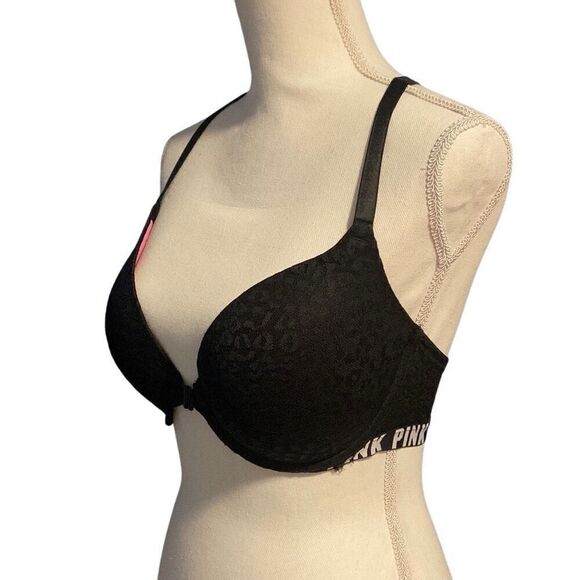 PINK Victoria's Secret Strappy Back Lace Front Snap Push-up Bra Black 34DD - Picture 5 of 5